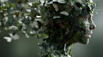 Woman covered in leaves and butterflies in profile artistic nature concept.