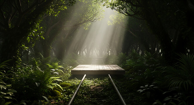 Railway Through Enchanted Forest Sunbeams, Mystical Nature