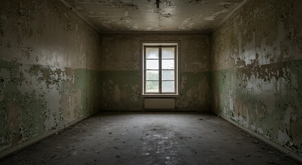 Obraz premium Dilapidated room with peeling paint reveals a window to a distant exterior world view.