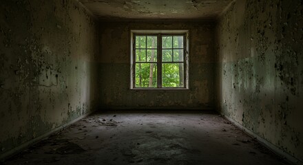 Obraz premium Dilapidated room showcases peeling paint, revealing nature through a weathered window frame.