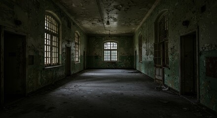 A long hallway with cracked green paint, arched windows, and a sense of decay and abandonment