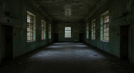 Corridor of an old asylum with light streaming through barred windows, decayed paint