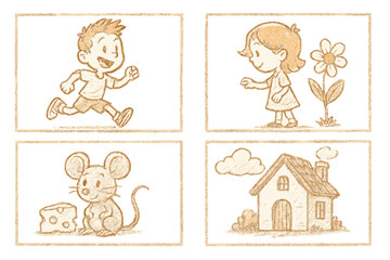 Collection of cute cartoon illustrations. Hand-drawn pencil sketch set for children's storybook. Characters include running boy, girl with flower, mouse with cheese, and a house.