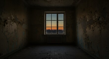 Obraz premium Dilapidated room reveals a serene sunset through a gridded window, invoking decay.