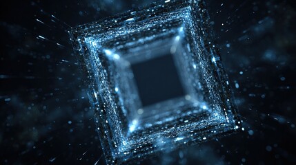 Luminescent portal Glowing square with sparkling edges, dark background, abstract space