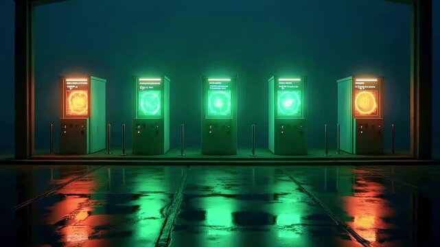 Row of glowing vending-like machines in a dark room, emerald light, reflecting on a wet floor inside
