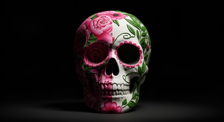 Obraz premium Photorealistic floral skull with pink roses and leaves against a dark background art piece.