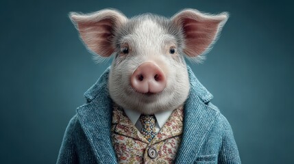 Adorable pig dressed in suit with a bow tie indoors posing confidently for a portrait