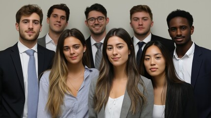 Group of professionals in suits posing for a team photo in a corporate office setting