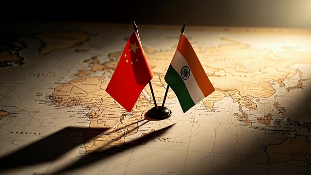 China and India flags on a vintage world map symbolizing historical relations and border disputes