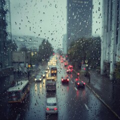 Fototapeta premium Rain-streaked city street viewed through a window