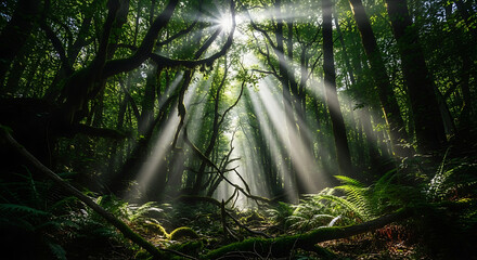 Sunbeams Forest Magical Light Through Trees, Nature Scenery