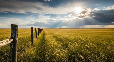 Golden prairie landscape with a weathered fence under a dramatic sky with sun rays