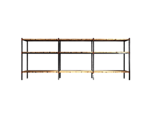 Wooden shelving unit with metal frame