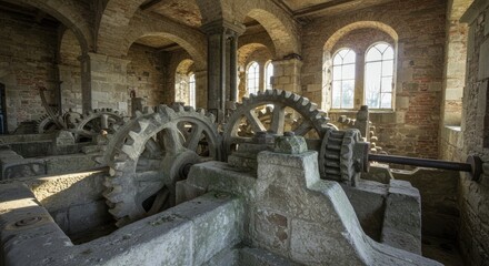 Ancient Industrial Stone Gears in Historic Building Interior