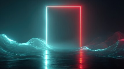 A glowing rectangle, split red and blue, stands against a surreal landscape of glowing forms and dark waters