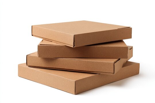 Stacked brown cardboard boxes, four in total, neatly piled against a white backdrop