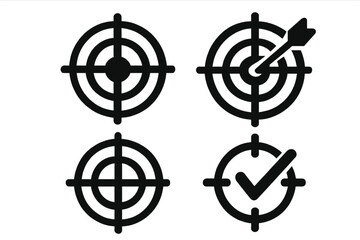 Target icon set. Bullseye with arrow, check mark. Goal, success, accuracy, aim, mission, objective, strategy concepts. Simple flat vector illustration for business marketing.