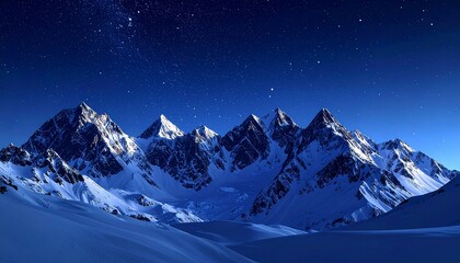Breathtaking panoramic view of a snow-covered mountain range under a deep blue starry night sky, with mesmerizing shooting stars and meteors. A serene winter landscape background with copy space.