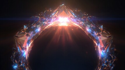 A glowing, gem-like archway radiates light against a dark background, with prismatic reflections