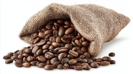 Aromatic roasted coffee beans spilling from burlap sack offer rich flavor, perfect for coffee houses, cafes, and specialty food brands desiring authentic visuals