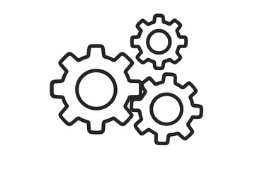 Mechanical gears teamwork concept. Three interconnected cogs in motion. Industrial machinery engineering symbol. Linear outline vector icon on white background. Machine parts collaboration system.