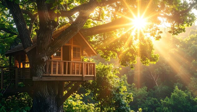 Sunlit wooden treehouse high - Powered by Adobe
