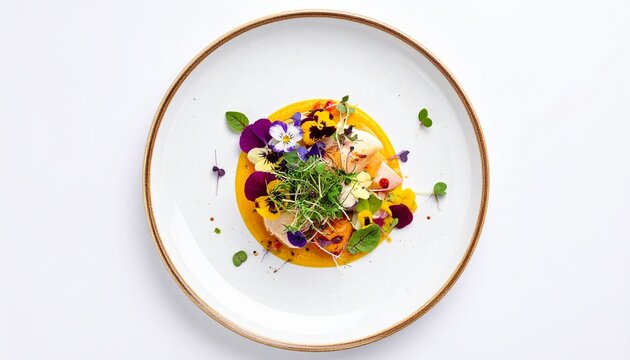 Gourmet seafood dish with vibrant edible flowers and saffron puree served on a white plate with a golden rim