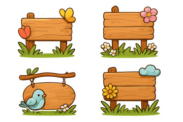Cartoon spring wooden signboards set. Blank wood signs with flowers, butterfly, bird, cloud, grass. Cute nature banner collection for kids, garden, park, invitation, announcement, label, playground