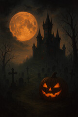 Tentu, berikut adalah deskripsi gambar dalam bahasa Inggris dengan 10 kata:

**Spooky castle, graveyard, glowing Jack-o'-lantern, orange moon, dark Halloween vibe.**