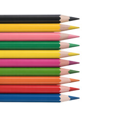 Fototapeta premium A vibrant array of sharpened colored pencils lying side by side isolated on transparent background