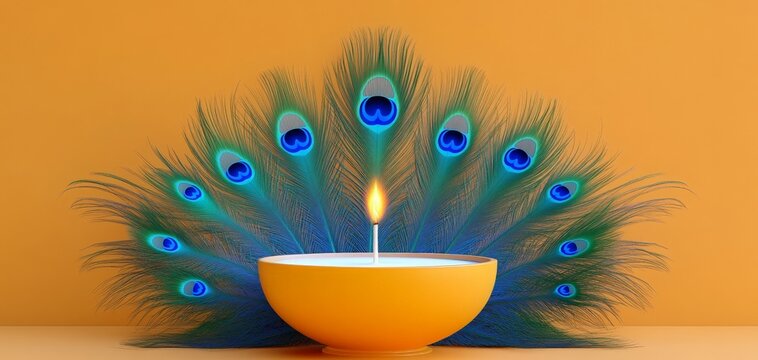 Happy Krishna Janmashtami concept. Pot with milk, bansuri and peacock feathers on a orange background. Traditional cartoon holiday greeting card