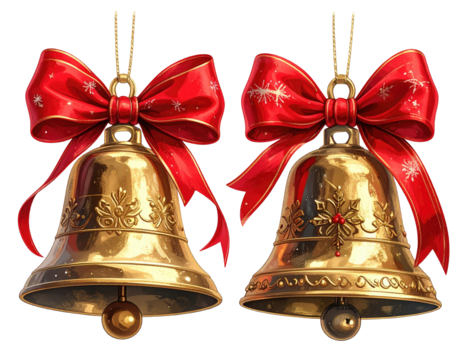 Two golden Christmas bells, adorned with red bows and snowflake designs - Powered by Adobe