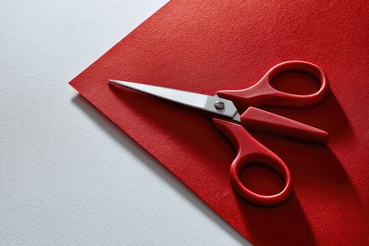 Red scissors on a red sheet of paper, partly overlapping a white background