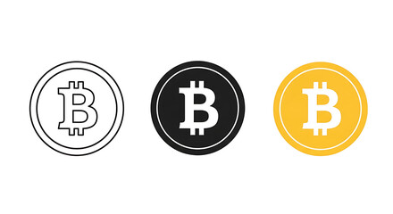 Bitcoin Cryptocurrency Coin Icon Set: Outline, Solid Black, and Yellow Digital Currency Symbols

