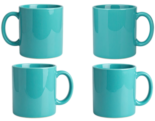 Four teal mugs arranged in a grid