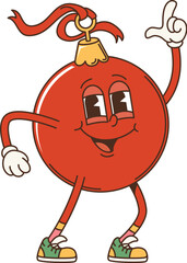 Retro groovy Christmas shiny red bauble character with expressive eyes, arms and legs in sneakers, striking a groovy dance pose with one hand pointing up and a cheerful smile. Cartoon vector Xmas ball