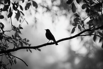 Obraz premium A solitary bird silhouetted on a branch, framed by leaves, captured in monochrome