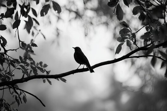 A solitary bird silhouetted on a branch, framed by leaves, captured in monochrome