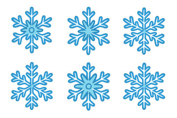 Blue snowflake set isolated on white background. Winter snow ornament vector collection. Frost crystal pattern design. Christmas decorative icon elements. Frozen weather symbol illustration.
