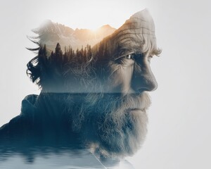 A thoughtful man reflects on life, merging his profile with serene nature; a visual representation of tranquility and introspection.
