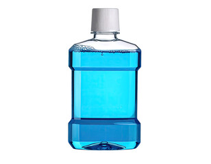 A  blue mouthwash bottle