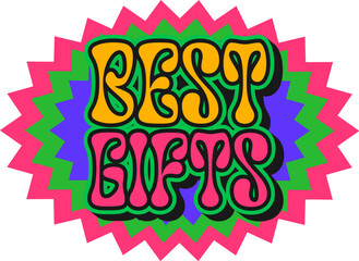 Christmas best gifts Y2K funky sticker or patch. Happy Christmas winter holiday retro patch, New Year 60s vintage vector tag. Merry Xmas festive groovy Y2K label or sticker with funky typography