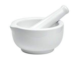 A white ceramic mortar and pestle