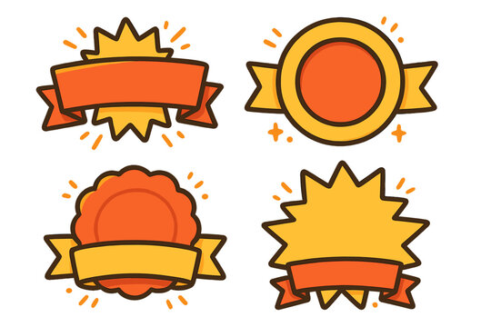 Cartoon vector badges collection. Sale banner set, award label, sticker, burst and ribbon template. Colorful promotion, marketing, discount, special offer elements with transparent background