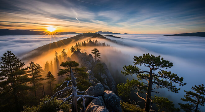 Sunrise Fog Mountain Landscape Scenic California Nature View - Powered by Adobe