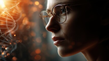 A thoughtful woman in glasses gazes at DNA strands, symbolizing discovery and innovation in genetics and research.