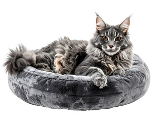 Gray Maine Coon cat in a gray circular bed