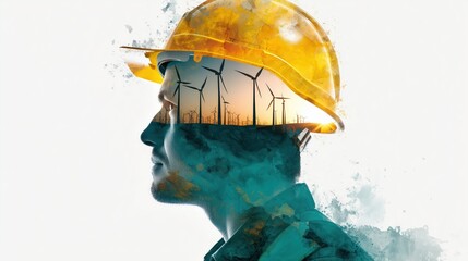 A thoughtful worker in a safety helmet, envisioning renewable energy solutions with windmills in the background, symbolizing progress.