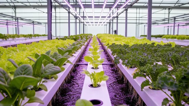 Medium shot of a hydroponic system inside a greenhouse showcasing leafy greens thriving under nutrientrich water flow